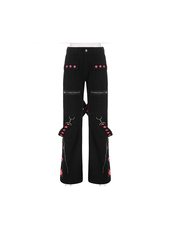Contrast Color Ribbon Metal Decoration Cargo Jeans
