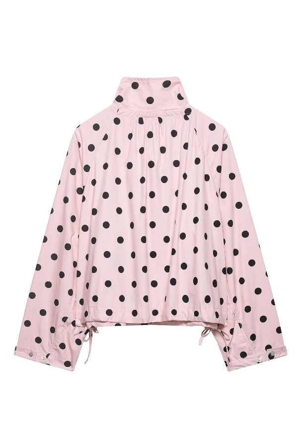 Polka Dot Print Loose Stand Collar Button Bow Tie Casual Long-sleeved Jacket