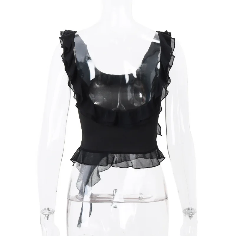 Ootddress Casual Backless Ruffled Y2k Top Vest Patchwork Strapless High Street Top Fashion Cute Solid Scoop Neck Tank Top Pullover