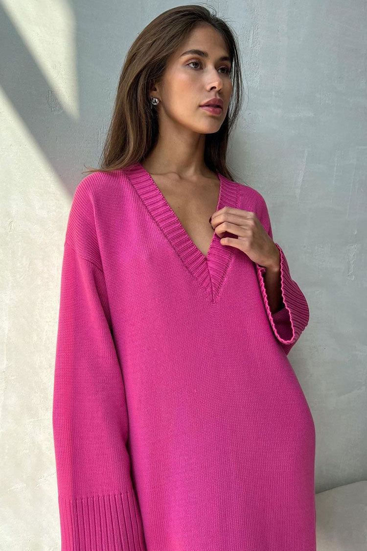 Deep V-Neck Rib Knit Oversized Long Sleeve Sweater Mini Dress