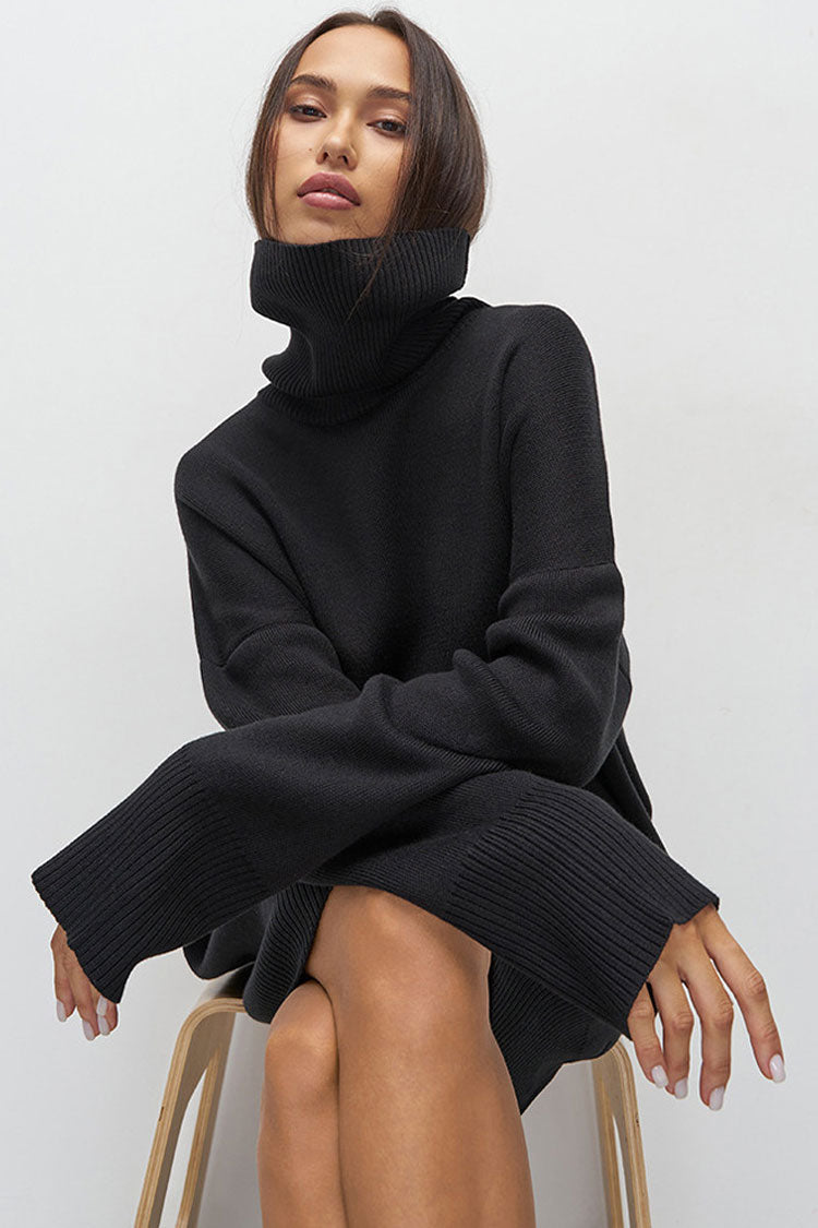 Turtleneck Oversized Balloon Sleeve Ribbed Hem Knit Sweater Mini Dress