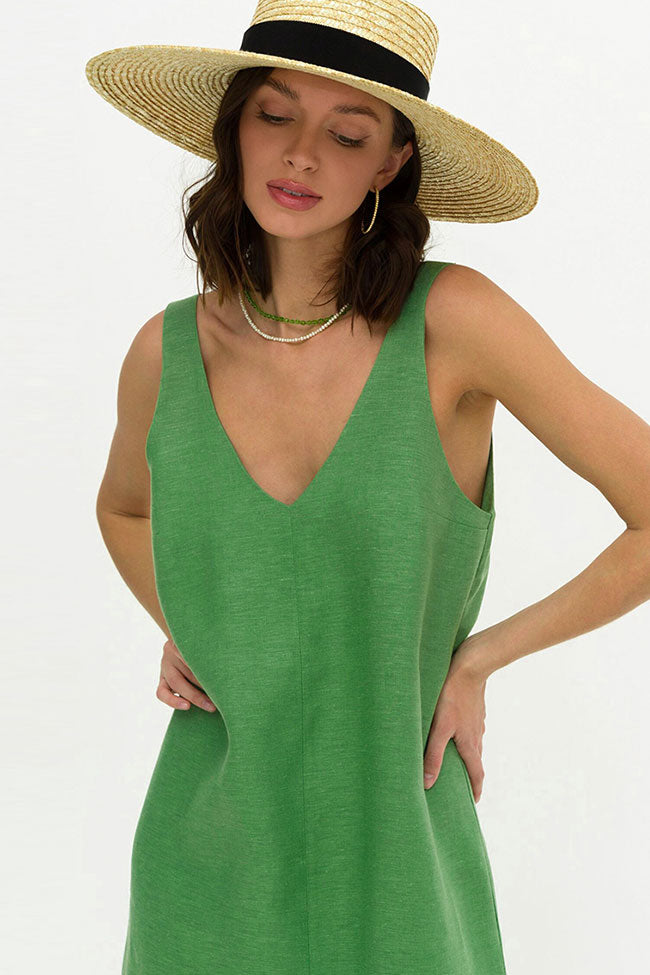 V-Neck Wide Strap Linen Blend Center Front Slit Midi Dress