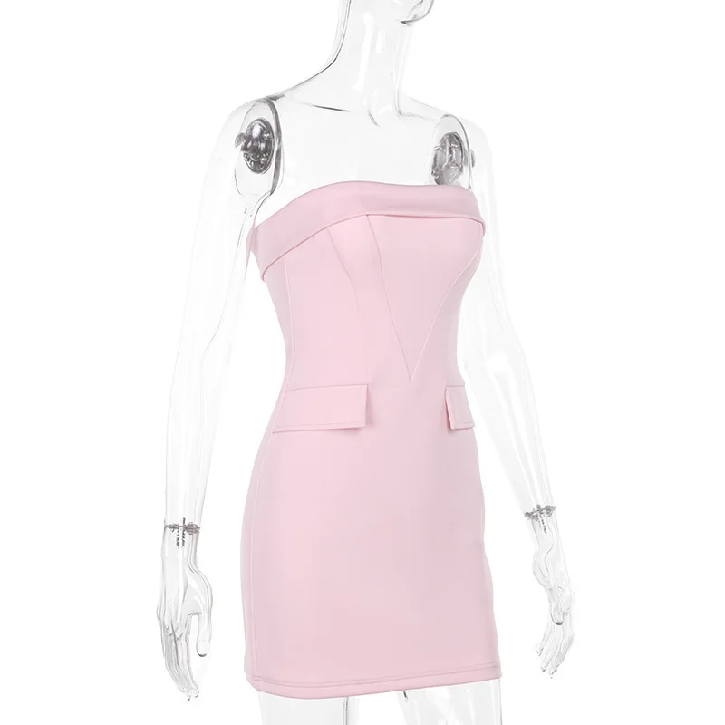 Fantoye Sexy Strapless Pocket Women Dress Pink Backless High Waist Mini Dress Female Summer Skinny Elegant Party Clubwear 2025