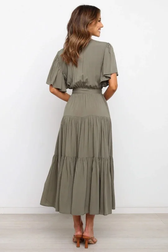 Trendy Solid Color Ruffles Long Dresses Women Sexy V-neck Ruffle Sleeves Leace-up Temperament Elegant Lady Dress 2025 Summer New 12 undefined