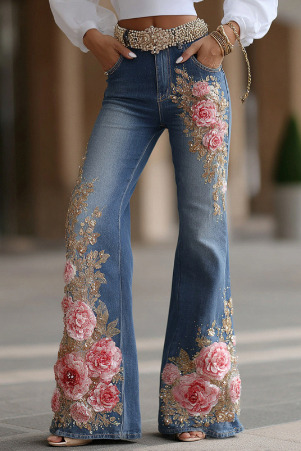 Floral Printed High-waisted Pocket Casual Flared Jeans