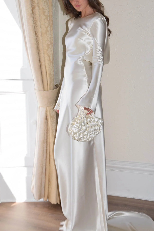 Satin Cowl Back Bell Sleeve Bias Cut Floor Length Gown