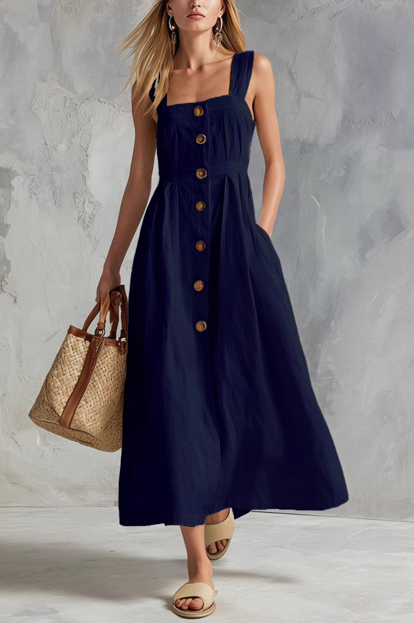 Linen Blend Solid Color Square Neck Sleeveless Button Casual Maxi Dress