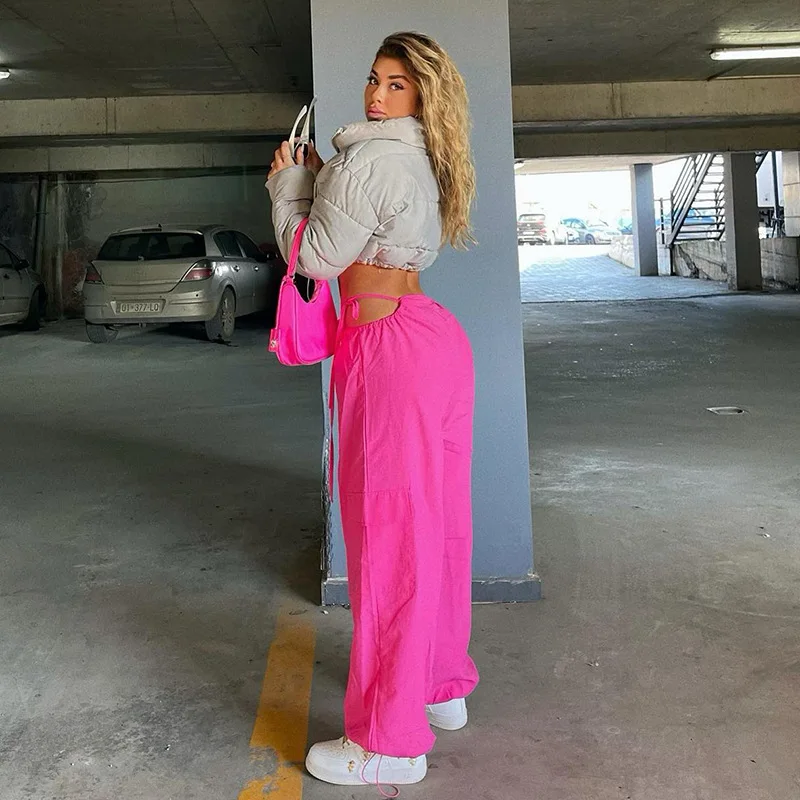 Ootddress Pink Lace-Up Casual Cargo Pants For Women Wide Leg Baggy High Street Pocket Trousers Hollow Out Fashion Designer Trousers