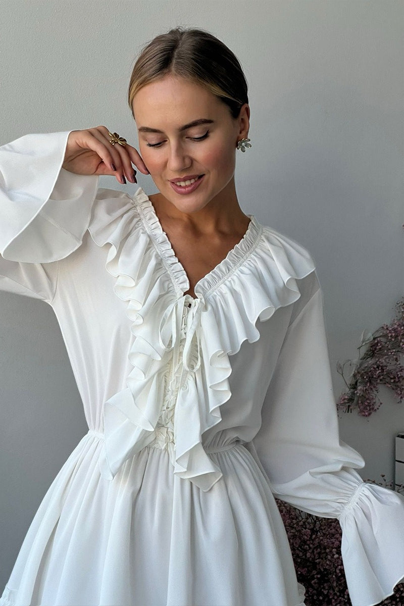V-Neck Lace-Up Ruffle Trim Balloon Sleeve Mini Dress