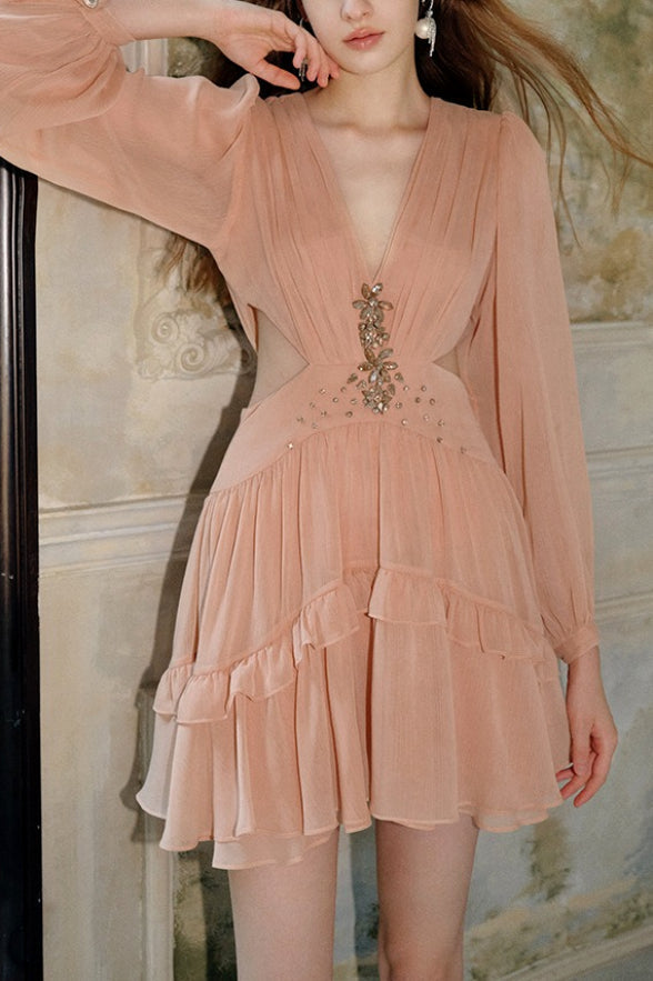 Rhinestone Deep V-Neck Bishop Sleeve Cut Out Waist Tiered Chiffon Mini Dress