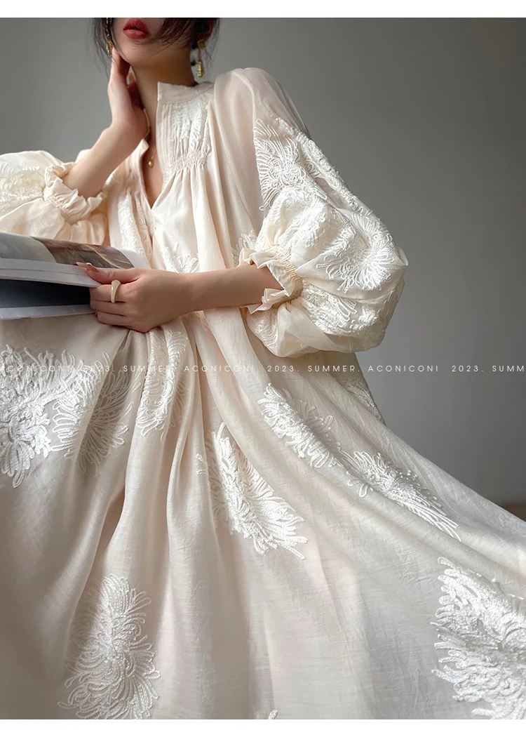 Spring Women Embroidery Evening Party Dresses Elegant Lantern Sleeve Vintage Casual A-Line Dress Female Fashion Vestidos Robe