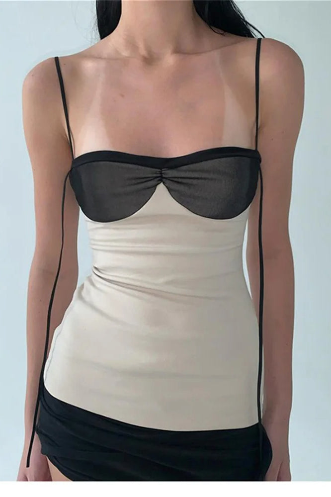 Mesh Illusion Overlay Spaghetti Strap Asymmetric Hem Mini Dress