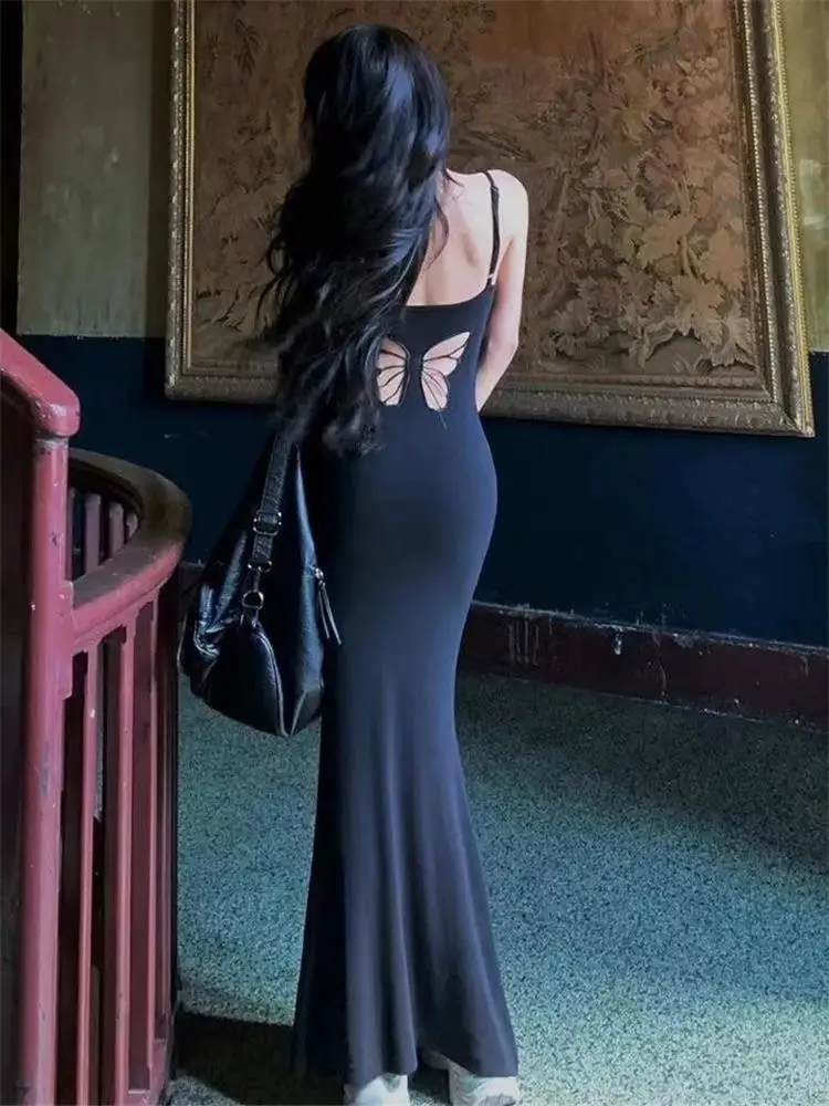 Sexy Hollow Butterfly Backless Dresses Women Y2K Summer Elegant Outfits Lady Red Maxi Dress Bodycon Birthday Party Club Sundress