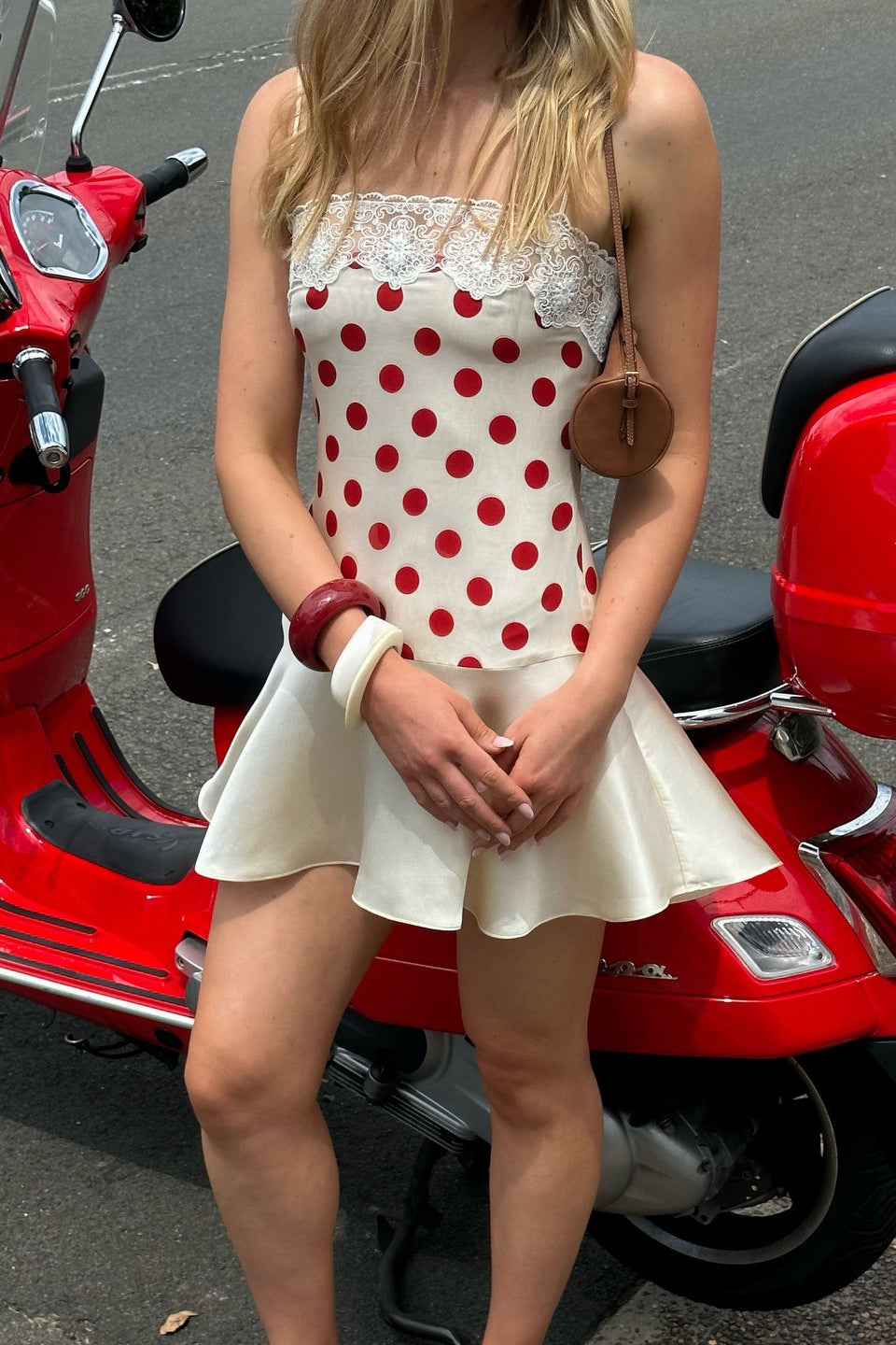 Spaghetti Strap Polka Dot Lace Trim Drop Waist Ruffle Hem Mini Dress