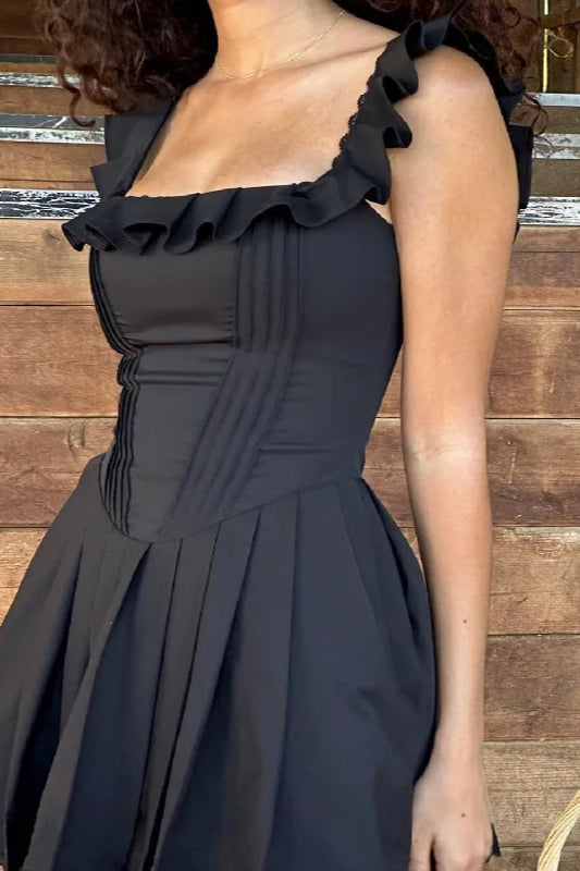 Square Neck Ruffle Trim Corset Bodice Pleated Scalloped Hem Mini Dress