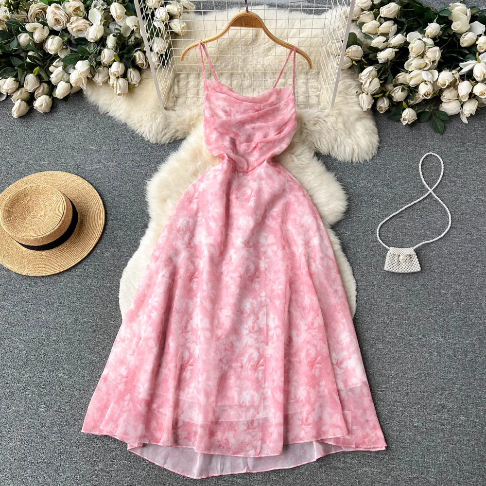 Women Pink Beach Dress Summer Sleeveless Hollow Out High Waist A-line Floral Printing Chiffon Dresses Ladies Casual Long Robe 4 Women Pink Beach Dress Summer Sleeveless Hollow Out High Waist A-line Floral Printing Chiffon Dresses Ladies Casual Long Robe