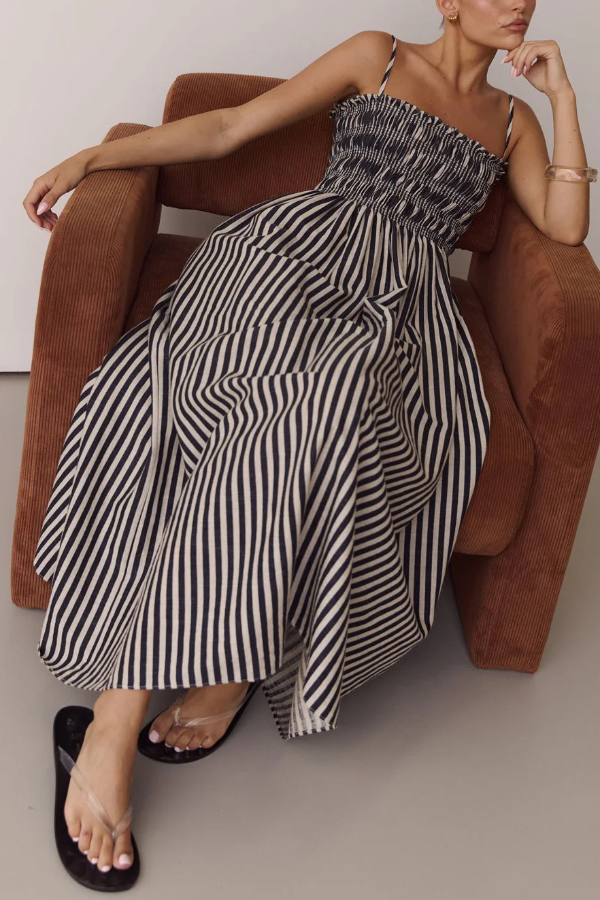Striped Print Spaghetti Strap Pleated Pocket Casual Vacation Maxi Dress