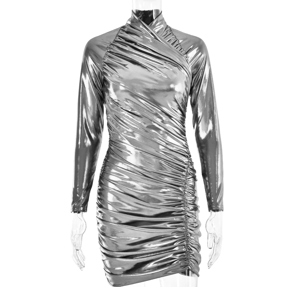 Ootddress Autumn Leather Long Sleeve Pleated Dress For Women Zipper Tight Irregular Female Dress Party Club Sheath Vestidos