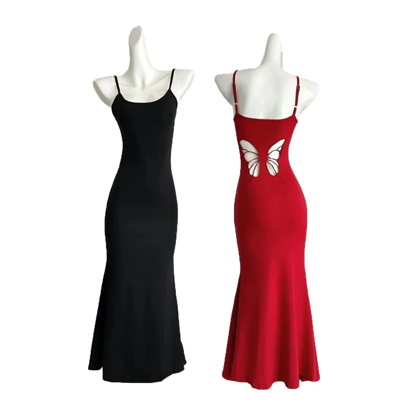 Sexy Hollow Butterfly Backless Dresses Women Y2K Summer Elegant Outfits Lady Red Maxi Dress Bodycon Birthday Party Club Sundress