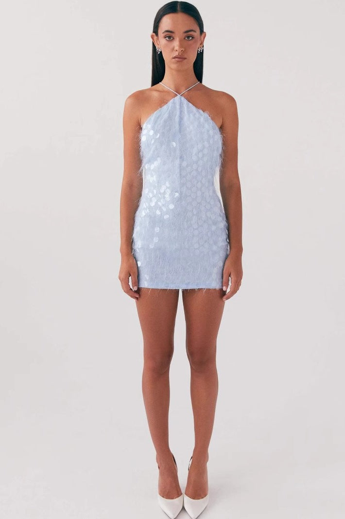 Sequin Paillette Halter Neck Backless Bodycon Mini Dress