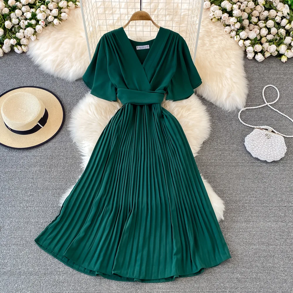 Women Elegant Pleated Dress Summer Short Sleeve V-neck Vintage Dresses Ladies A Line High Waisted Midi Dress