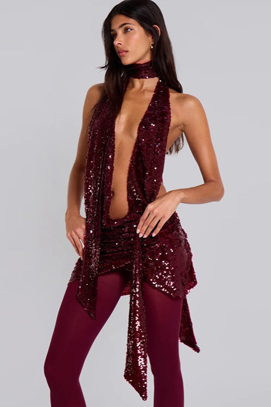 Sequin Halter Neck Deep V Neck Draped Neck Scarf Bodycon Mini Dress