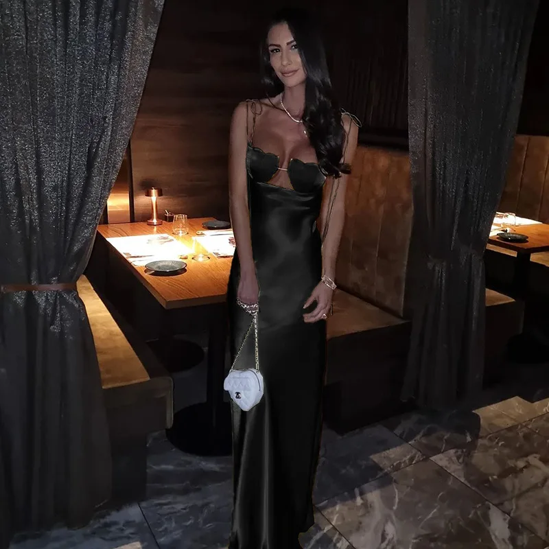 Ootddress Satin Bandage Dress Women Hollow Out Sleeveless Slim Long Dresses Femme Summer Party Elegant Sexy Backless Dress Woman