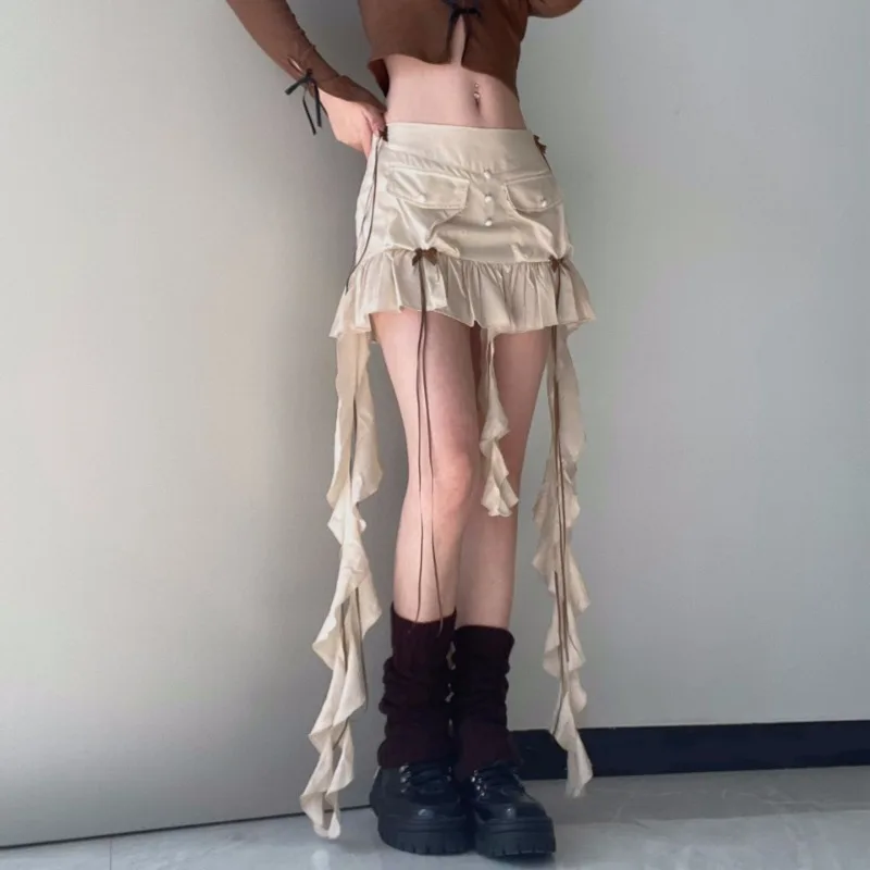 Ootddress Splice Folds Mini Skirt For Women Pocket High Waist Bnadage Skirts Womens 2025 Party Casual Lace Up Slim Skirts Ladies