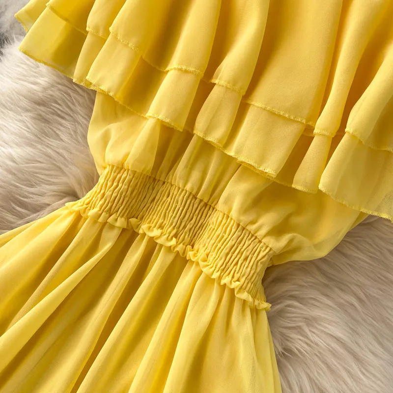 Women Chiffon Beach Dress Sexy Double Layer Ruffled Off The Shoulder Boho Dresses Ladies Sweet Slash Neck Long Dress 40 Women Chiffon Beach Dress Sexy Double Layer Ruffled Off The Shoulder Boho Dresses Ladies Sweet Slash Neck Long Dress