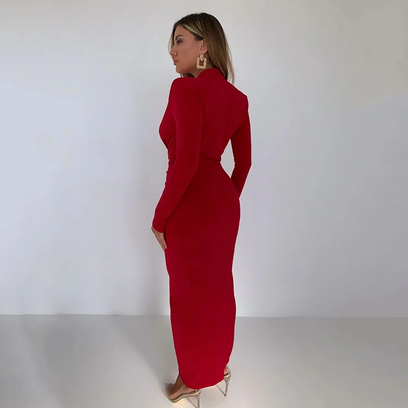 Ootddress Elegant Deep V Neck Full Sleeve Long Dress For Women Robe Fashion Autumn New Irregular Ruched Bodycon Midi Dress
