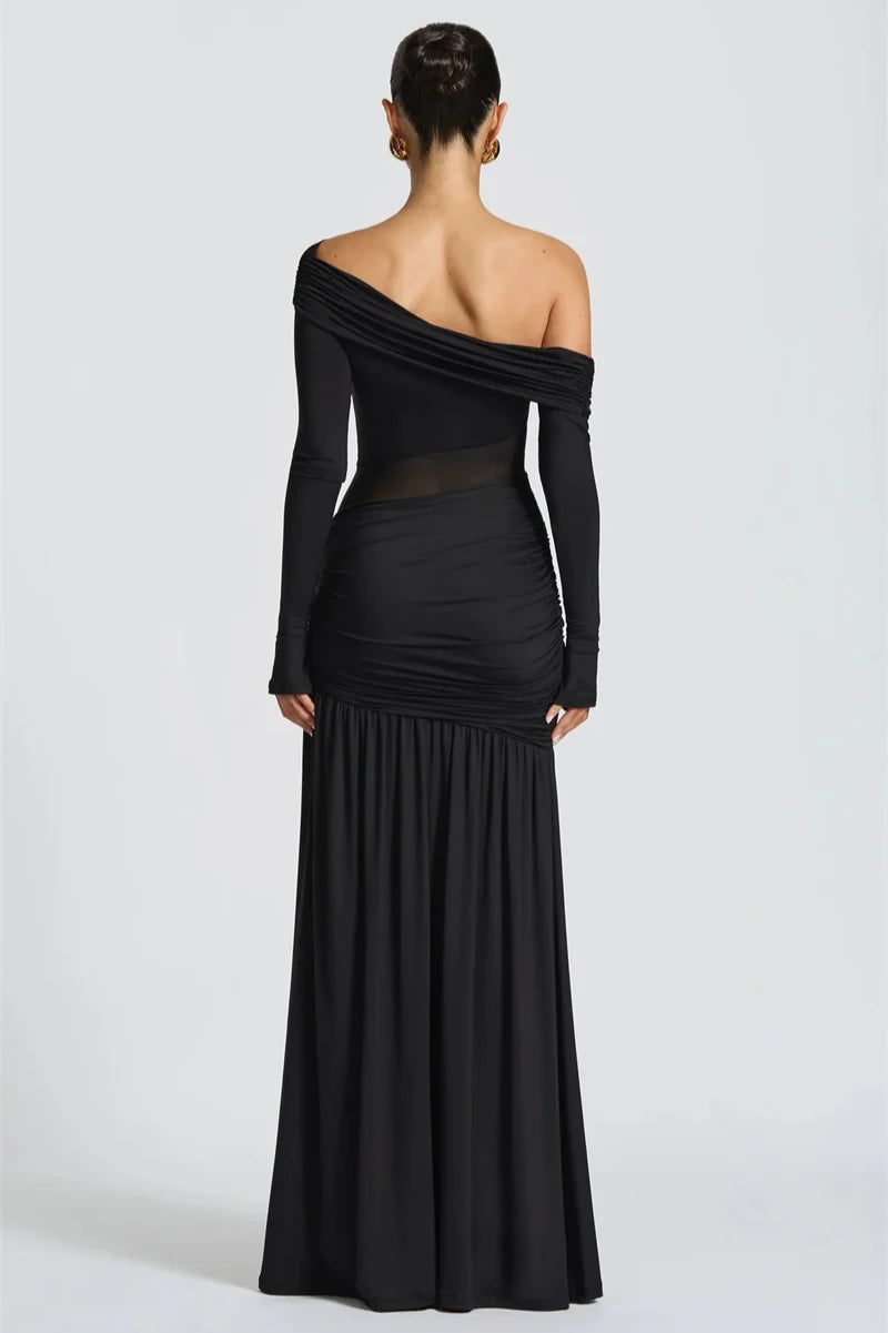 Off Shoulder Long Sleeve Mesh Panel Ruched High Split Maxi Dress