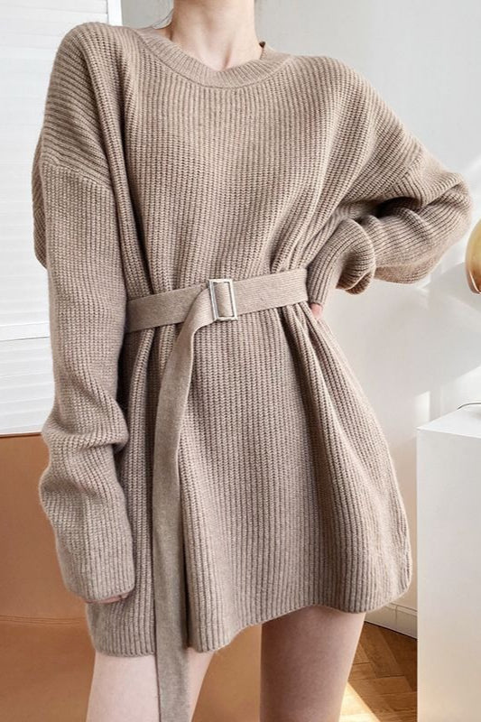 Rib Knit Belted Square Buckle Balloon Sleeve Sweater Mini Dress