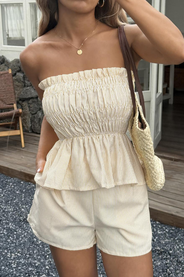 Striped Printed Sleeveless Off-shoulder Ruched Top and Elastic Waist Casual Pocket Shorts Set