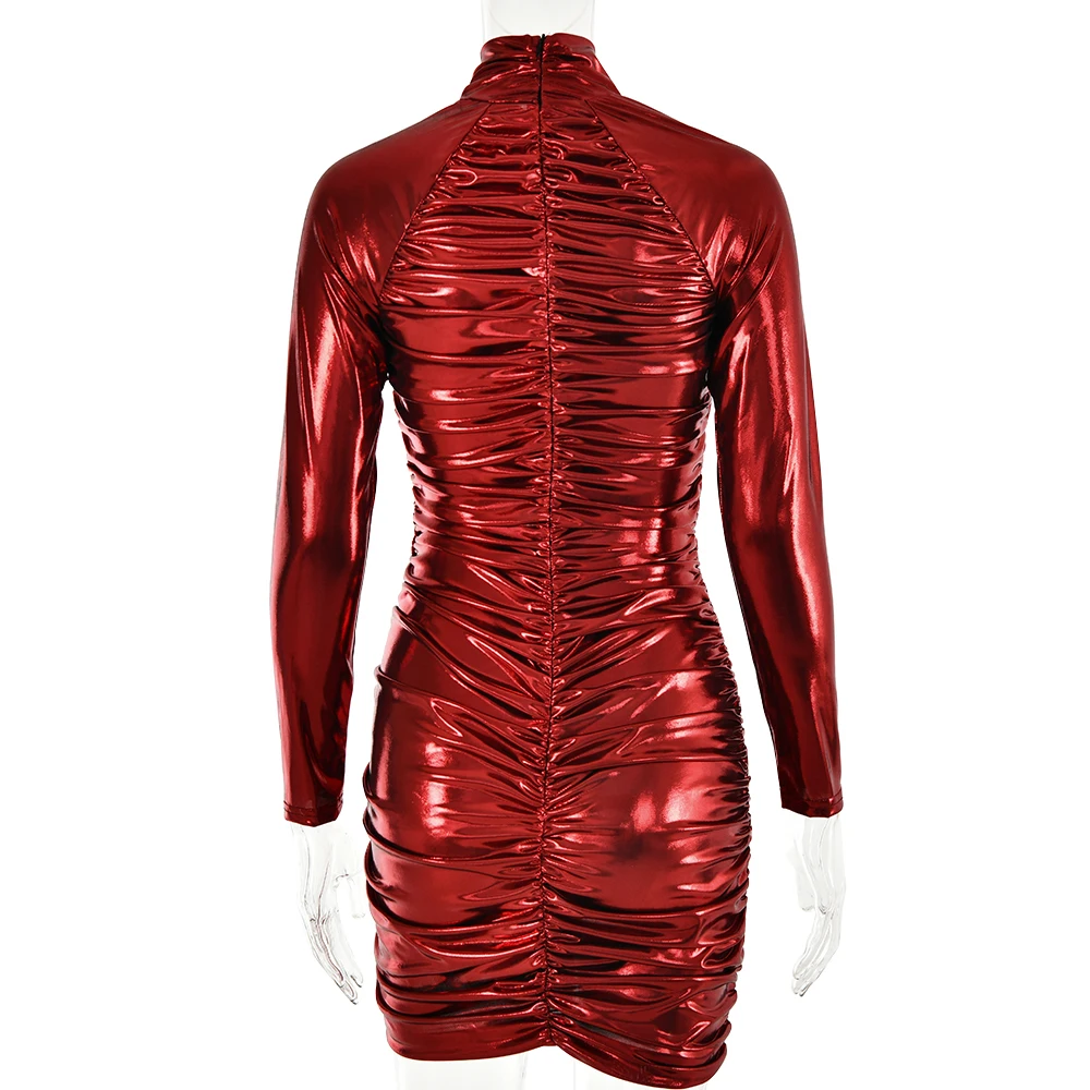Ootddress Autumn Leather Long Sleeve Pleated Dress For Women Zipper Tight Irregular Female Dress Party Club Sheath Vestidos