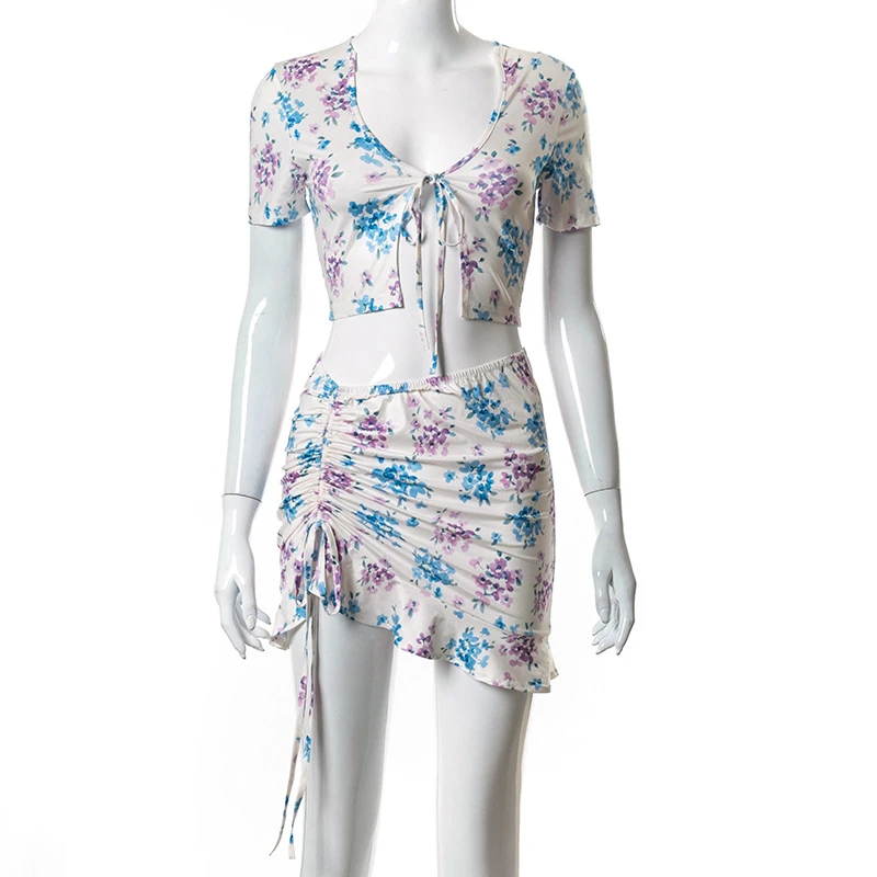 Ootddress Sexy Floral Dress Two Piece Set Women Summer Set Hollow Out Crop-Top And Skirt Suit Cross Lace Up 2025 New Boho Dresses