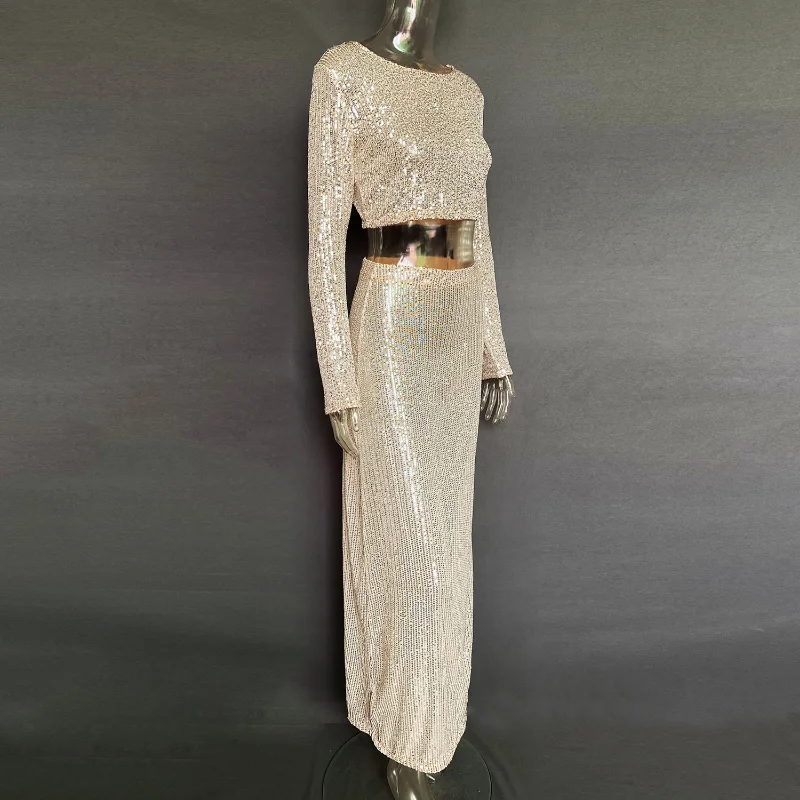 Ootddress Sequins Loose Dress Sets Women Long Sleeve Crop Tops High Waist Sexy Maxi Skirts Ladies Two Piece Suits Womens Outifits