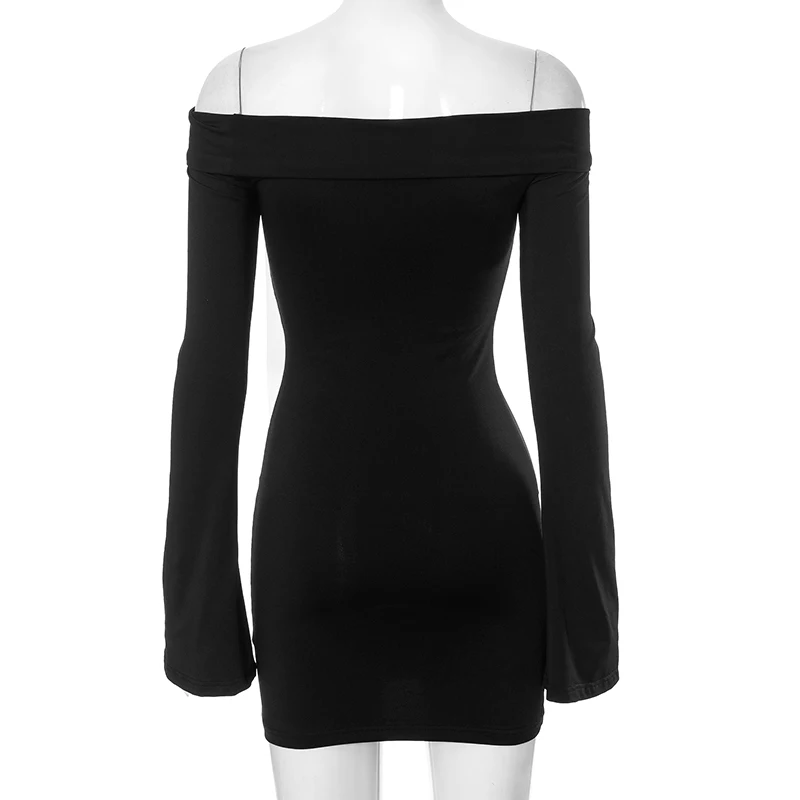 Ootddress Black One Shoulder Backless Long Sleeve Slim Fit Bow Embellished Package Hip Dress Hottie Sweety Girls Autumn Wearing