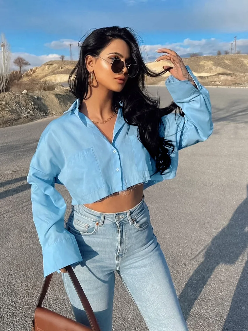 Ootddress Lapel Pocket Casual Shirts For Women Long Sleeve Loose Patchwork Crop top Y2k Outfit Solid High Street Cardigan Blouse