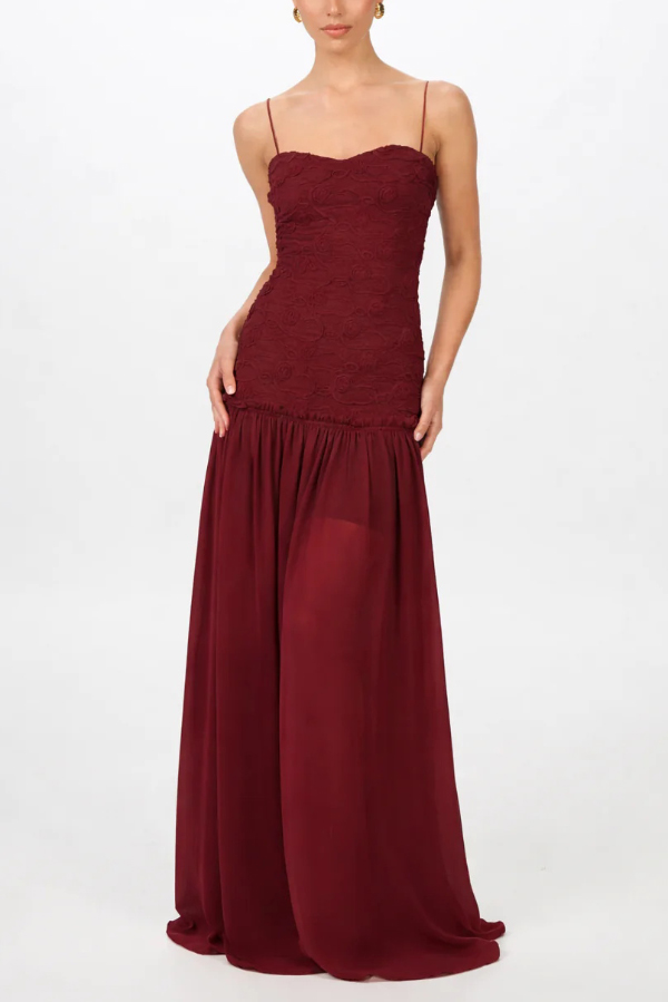 Stylish Three-dimensional Floral Chiffon Patchwork Strapless Elegant Maxi Dress