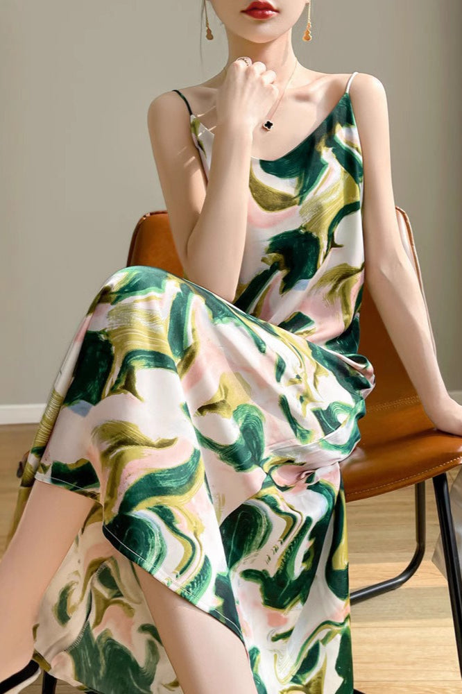 Satin Floral Print Spaghetti Strap Cami Slip Midi Dress