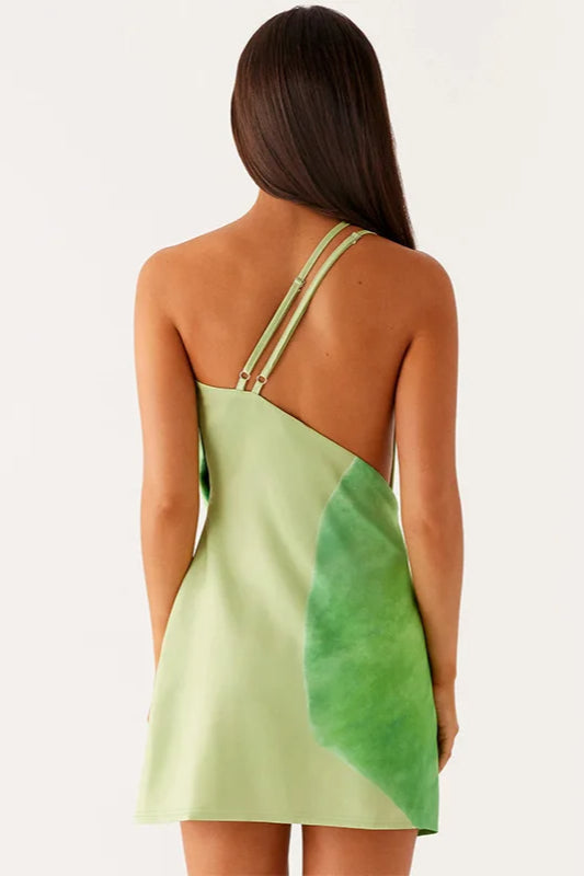 Abstract Watercolor Print Cowl Neck Diagonal Cutout Asymmetric Strap Mini Dress