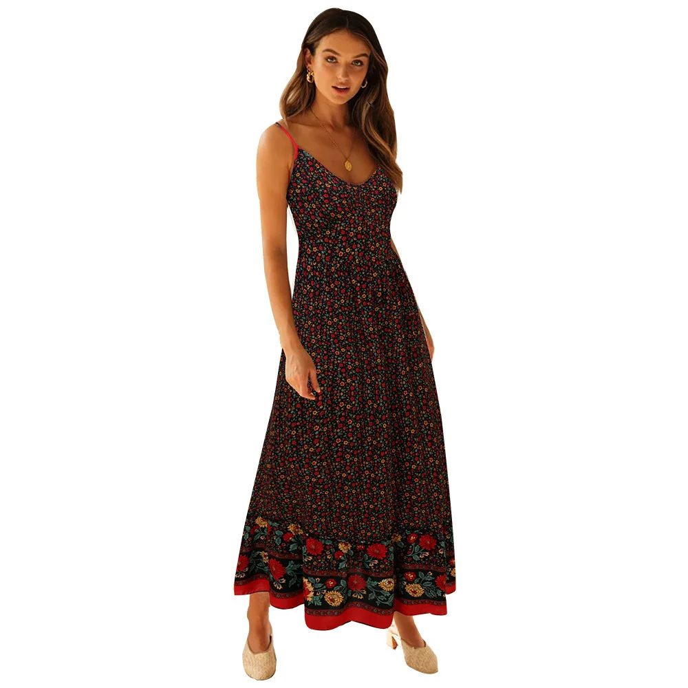 Bohemian Floral Spaghetti Strap Dresses Women Sexy V-neck Backless Casual Beach Vacation Long Dress Female Vestidos Summer New 42 undefined