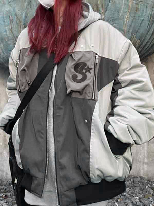 Embroidery Pocket Zipper Patchwork Design Bomber Jacket