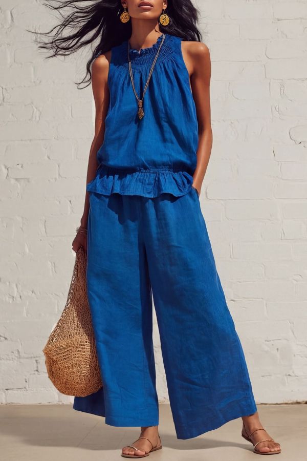 Linen Blend Round Neck Sleeveless Ruffled Top and Elastic Waist Casual Pocket Wide-leg Pants Set