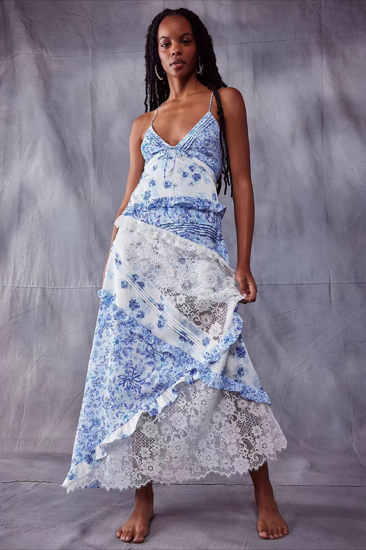 Deep V Neck Tie Front Patchwork Floral Lace Tiered Maxi Dress