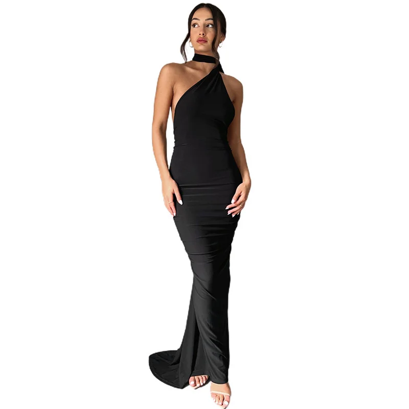 Ootddress Sexy Backless Hanging Neck Bodycon Evening Dress For Women Strapless Max Female Dress Charming Club Party Prom Dress