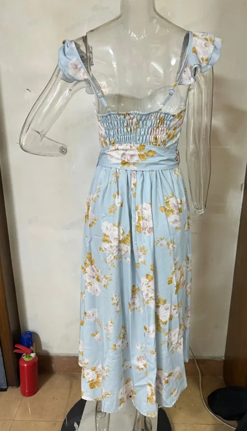 Flowers Print Sleeveless Long Dresses Women Sexy Low Cut Backless Bowknot Leace-up Slit Dress Temperament Lady Vestidos 2025 New