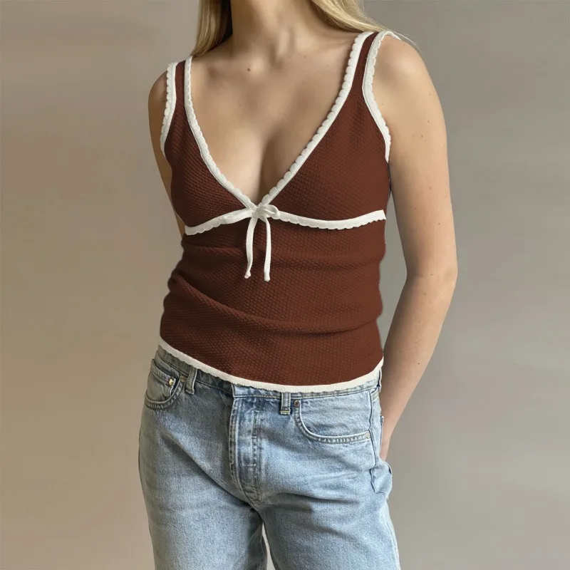 Ootddress Retro Deep V Neck Crop Top Women Y2k Ruffle Vintage Tank Tops Womens Tie Up Bow Knitted Woman Backless Cute Tops 2025 New
