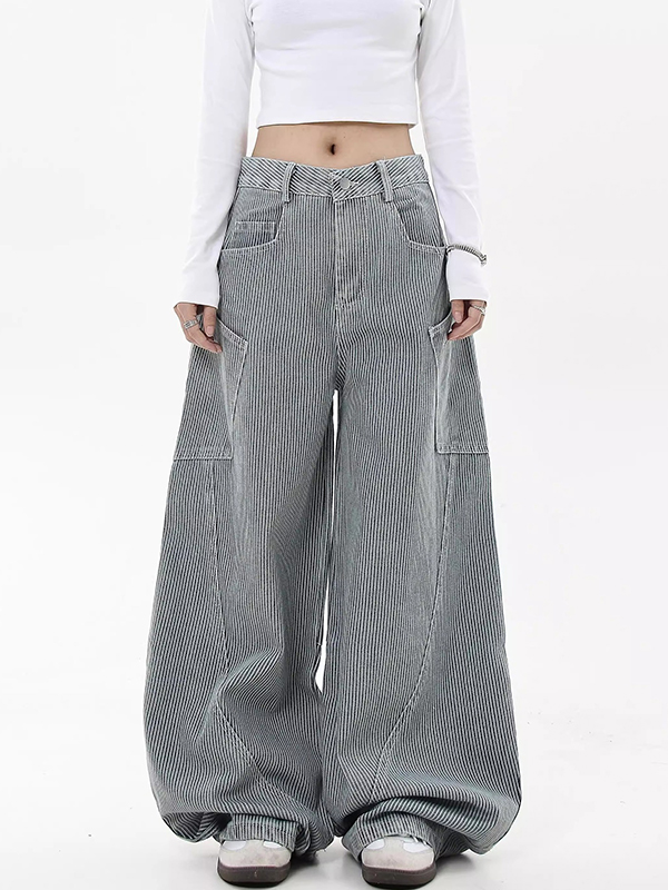 American Retro Striped Scimitar Banana Boyfriend Jeans