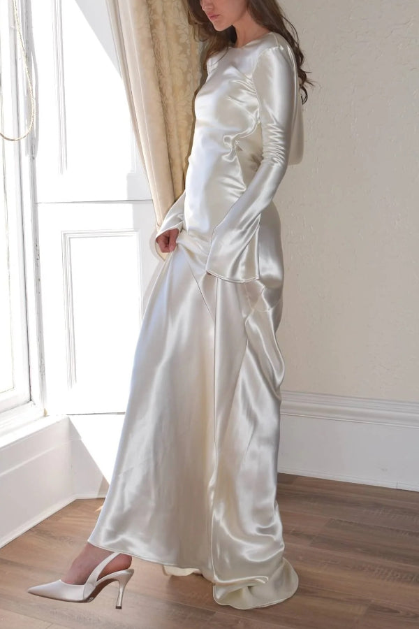 Satin Cowl Back Bell Sleeve Bias Cut Floor Length Gown